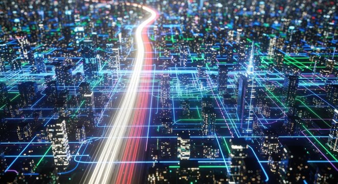 Futuristic cityscape with light trails and digital network overlay