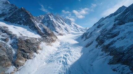 Obraz premium cinematic drone top view of a glacier surrounded by snowy peaks