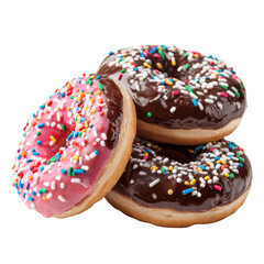 Three stacked donuts, each topped with colorful sprinkles, isolated on transparent background
