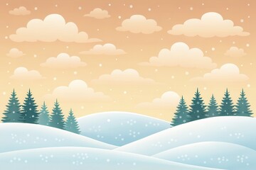 Christmas card background. Illustrated winter landscape with rolling snowy hills, pine trees, falling snowflakes and a warm orange sky with clouds at sunset.