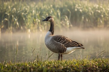Obraz premium Canada goose dawn pond mist nature wildlife