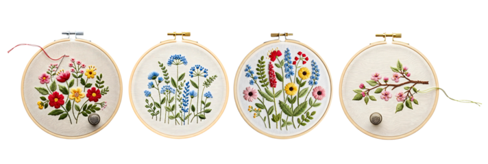 Floral embroidery art in a wooden hoops featuring colorful flowers