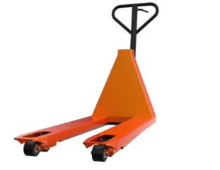 Heavy Duty Hydraulic Pallet Truck for Efficient Supply Chain Management: Isolated 3D Illustration of Orange Industrial Lifting and Moving Equipment for Distribution and Storage Facilities, Warehouse