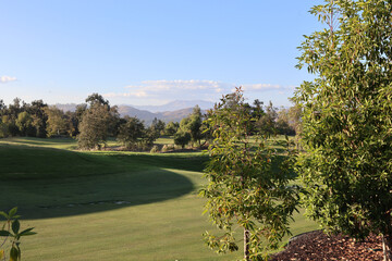serene golf course with trees at sunset with clouds and mountains in the background