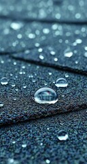 Fototapeta premium Close-up of water droplets on textured dark surface. Reflecting a miniature scene