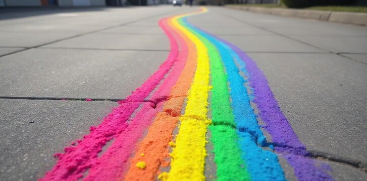 A vibrant trail of colorful chalk marks winds its way across a smooth concrete surface, leading the eye on a playful journey ,  follow,  surface