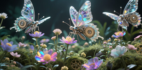 Steampunk Butterflies Hovering Over a Vibrant Floral Garden