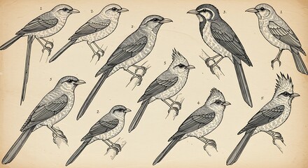 Vintage Illustration of Five Different Bird Species Perched on Branches
