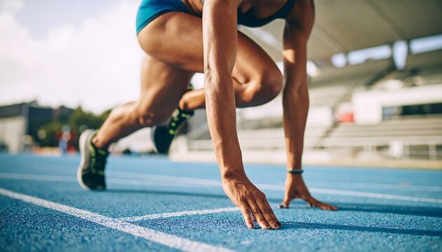 Female runner poised in starting position