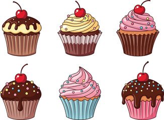 Delicious Colorful Cupcake Set with Cherries and Frosting Toppings – Vector Illustration of Cute Desserts for Bakery Designs