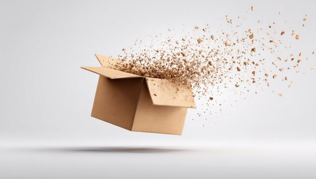 Open cardboard box, exploding with particles