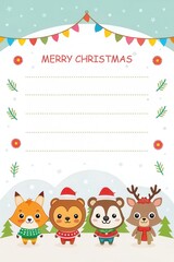 Naklejka premium Christmas card background. Hand-drawn Christmas card template featuring four cute woodland animals in Santa hats and scarves, bunting above and lined space for a message.