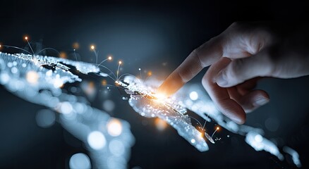 A hand touches a digital, glowing world map, highlighting global connections