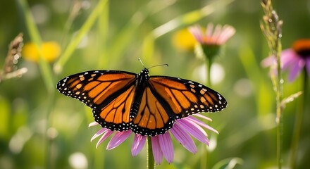 Obraz premium Close up of a monarch butterfly resting on a pink flower in a field on a bright sunny day outdoors