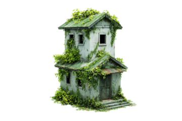 Overgrown Two-Story Abandoned House on Transparent Background
