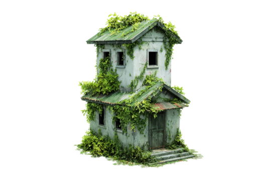 Overgrown Two-Story Abandoned House on Transparent Background