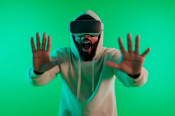 Excited man wearing VR headset interacting with virtual reality world and gesturing with hands on green screen background