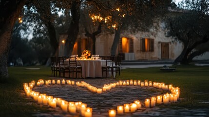Romantic Outdoor Wedding Setup with Heart Shaped Candle Arrangement
