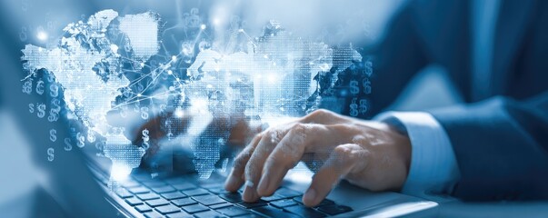 Businessperson types on laptop, global data overlay