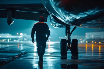 Aircraft mechanic walking on the tarmac towards a large passenger airplane at night, performing pre flight checks