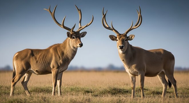 Two majestic barasingha deer standing in a field under a clear blue sky on a sunny day outdoors