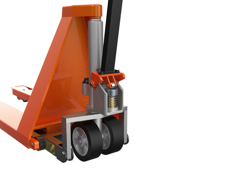 Logistics Supply Chain Essential Tool: Detailed View of the Manual Hydraulic Mechanism and Front Wheel Assembly of an Orange Hand Pallet Jack &ndash; Isolated 3D Machinery Cutout with Clipping Path Included