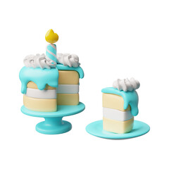 Birthday cake with burning candle on a stand and piece on a plate 3D plastic style, vector celebration creamy dessert