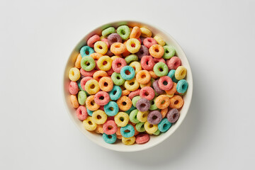 Colorful fruit flavored cereal rings in a white bowl isolated on white background