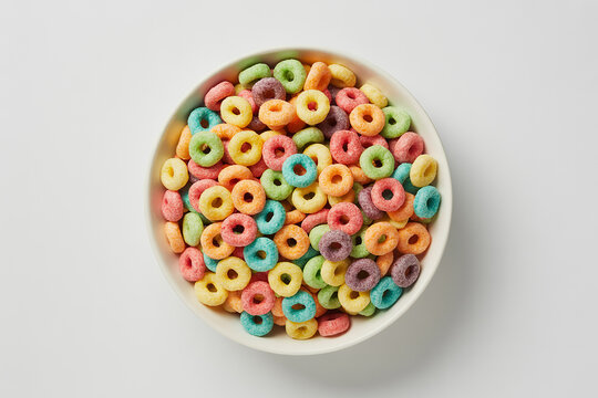 Colorful fruit flavored cereal rings in a white bowl isolated on white background - Powered by Adobe