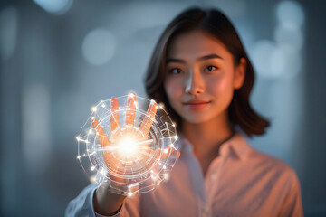 Naklejka premium A young woman holding a glowing orb with digital connections in her hand in a futuristic setting