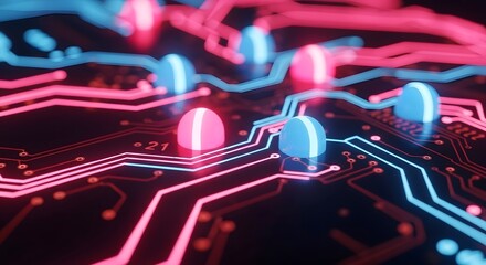 Abstract digital circuit board with glowing neon blue and pink components and pathways