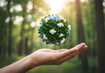Hand holding a green planet earth