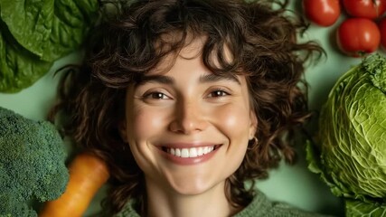 Woman lying among various fresh vegetables like tomatoes, cabbage, and broccoli.