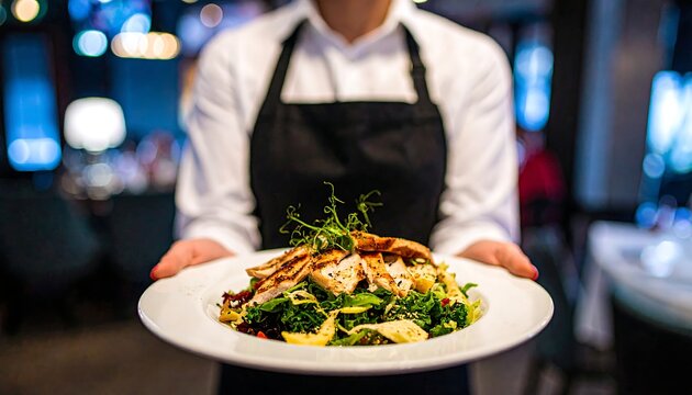 Server presents a gourmet salad with grilled chicken and fresh greens in a restaurant - Powered by Adobe