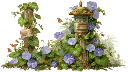 Enchanting garden scene with morning glory flowers and a lantern isolated on transparent background
