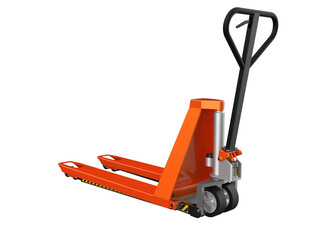 Heavy Duty Hydraulic Pallet Truck for Efficient Supply Chain Management: Isolated 3D Illustration of Orange Industrial Lifting and Moving Equipment for Distribution and Storage Facilities, Warehouse
