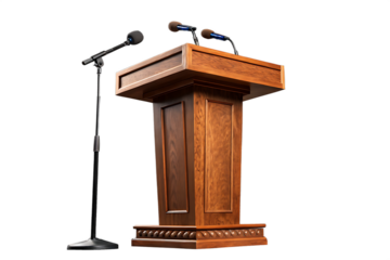Empty wooden podium with two microphones ready for a speech or presentation event isolated on AI generated by PNG