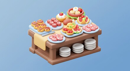 Whimsical 3D Food Display with Assorted Delicacies and Plates
