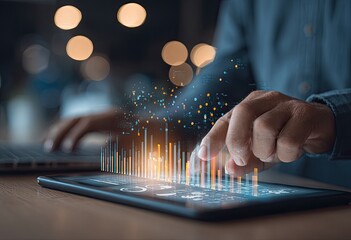 Close-up of person interacting with a tablet displaying data visualizations. 