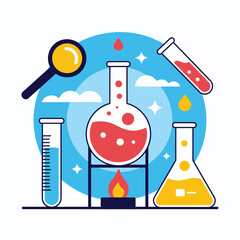 Chemistry Lab Illustration &ndash; Colorful Glassware, Bunsen Burner, and Scientific Experiment Setup