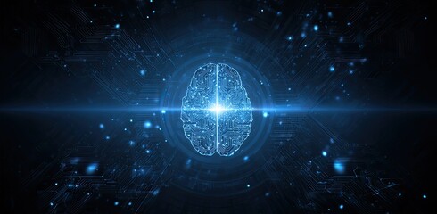 Digital brain, circuit overlay,  glowing center