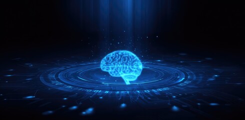 Abstract glowing blue brain graphic on a dark background with digital interface elements