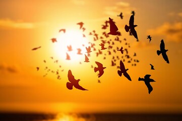 Many dark birds flying on sky background.