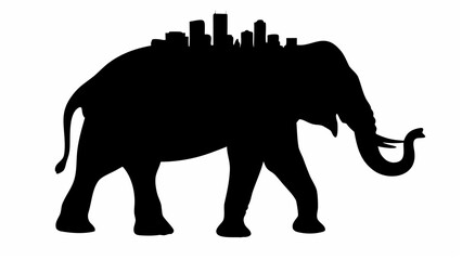 Obraz premium Silhouette of an elephant with a cityscape on its back in black and white minimalist illustration style