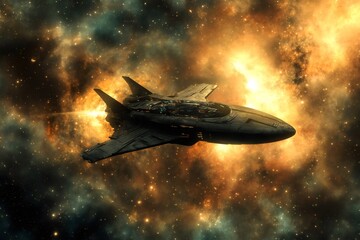 Futuristic spaceship traversing a vibrant nebula, journeying through the vast expanse of deep space and exploring the mysteries of the cosmos