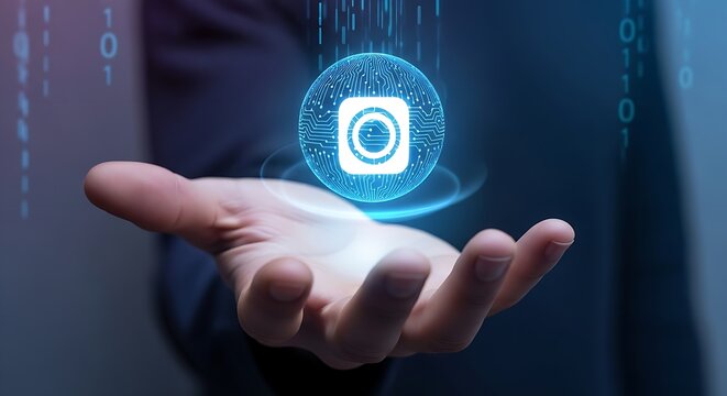 Hand holding digital sphere with camera icon and binary code falling in the background in blue light