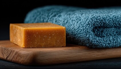 Orange soap bar on wooden board with blue towel