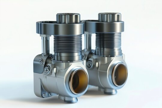 Studio shot of a twin cylinder engine featuring bellows and other components, highlighting engineering and industrial design