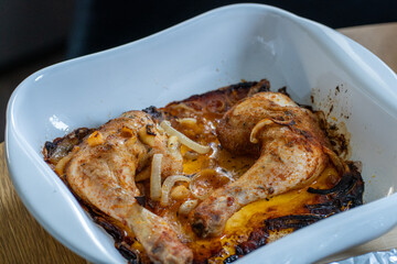 Oven-Roasted Chicken Legs with Onions in Ceramic Dish – Home Cooked Dinner