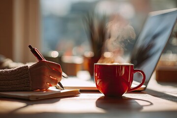 Close-up of hands writing in notebook, laptop, and red mug. Sunlight streams through window